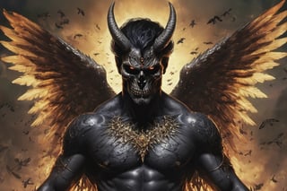 Create a realistic photo of Prince of hell Baal-Zebul, is the Fallen Angel of flies, pestilence and famine. He is one of the Seven Princes of Hell and the leader of the powers of the air. Originally a Seraphim, he is currently one of the supreme leaders of Hell. Beelzebub most often appears as a massive fly of unknown species with human-like skulls tattooed on his wings and a crown on top of his head. But being a demon, he has the ability to choose a different form. In his human form, he is covered in black aura and is surrounded by flies. .Sharp focus, high detailed ,background of hell.,,more detail XL