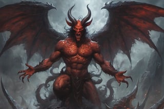 Create a realistic photo of Prince of hell Satan,a grotesque, winged creature with three faces—each chewing on a devious sinner—whose wings blew freezing cold winds throughout Hell's domain. .Sharp focus, high detailed ,background of hell.,,more detail XL