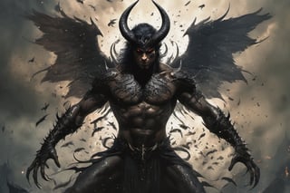 Create a realistic photo of Prince of hell Baal-Zebul, is the Fallen Angel of flies, pestilence and famine. He is one of the Seven Princes of Hell  But being a demon, he has the ability to choose a different form. In his human form, he is covered in black aura and is surrounded by flies. .Sharp focus, high detailed ,background of hell.,,more detail XL, full_body 