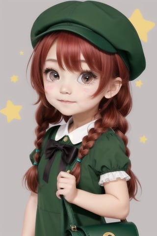 !?, 1girl, :3, :>, ?, ??, blush stickers, bow, braid, chibi, confused, hat, hat ornament, hong meiling, long hair, o o, puffy short sleeves, puffy sleeves, red hair, short sleeves, simple background, sleepy, solid circle eyes, solo, spoken question mark, star \(symbol\), star hat ornament, twin braids,a cartoon girl with a green hat and green dress and question marks on her head, and a green purse, Ay-O, kawaii, an anime drawing, superflat