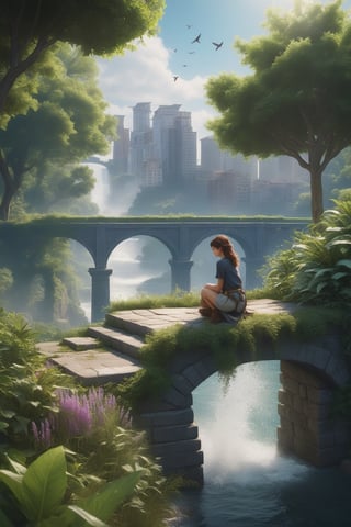 Take a deep breath and let's work step by step on this problem.expert consistency,dynamic action pose,FIBONACCI WATERMARK INVISIBLY DISPLAYED,1girl, bird, bridge, building, city, day, grass, outdoors, overgrown, plant, post-apocalypse, river, ruins, scenery, skyscraper, trees,, High-res, impeccable composition, lifelike details, perfect proportions, stunning colors, captivating lighting, interesting subjects, creative angle, attractive background, well-timed moment, intentional focus, balanced editing, harmonious colors, contemporary aesthetics, handcrafted with precision, vivid emotions, joyful impact, exceptional quality, powerful message, in Raphael style, unreal engine 5,octane render,isometric,beautiful detailed eyes,super detailed face and eyes and clothes,More Detail,
