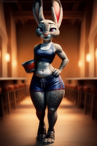stylized fantasy,judyhopps, white tanktop orange text "H00TERS", upper body (curvaceous), lower body (curvaceous), middle aged female body, realistic natural proportions, some bodyfat, full figured, motherly, soft features, thick torso, amazonian, feminine body, slightly curvy, glowing eyes, kind expression, orange shorts, white sandals, waitress, full body view, carrying food tray, green sports visor,judyhopps