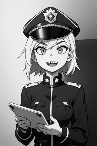 Take a deep breath and let's work step by step on this problem.expert consistency,a drawing of a person with a hat on and a jacket on, holding a cell phone in his hand, Ay-O, gapmoe yandere grimdark, lineart, superflat,1girl, breasts, gloves, greyscale, hat, military, military uniform, monochrome, peaked cap, sharp teeth, smile, solo, spiked hair, teeth, uniform,High-res, impeccable composition, lifelike details, perfect proportions, stunning colors, captivating lighting, interesting subjects, creative angle, attractive background, well-timed moment, intentional focus, balanced editing, harmonious colors, contemporary aesthetics, handcrafted with precision, vivid emotions, joyful impact, exceptional quality, powerful message, in Raphael style, unreal engine 5,octane render,isometric,eyes,super detailed face and eyes and clothes,perfect depth,High detailed,line anime