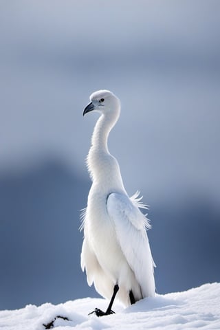 Tall image of a high-quality VHS image of a very tall ominous avian creature. It has a smooth bone-like avian skull with all-white eyes, a long neck and elongated body. The entirety of the body is covered in long, very fluffy all-white plumage that droops all the way to the floor that is almost robe-like in its coverage. We should not be able to distinguish wings or legs with how long the long fluffy plumage it has. It is standing on a high mountaintop with dense snow overlooking and expanse of snowy mountainous terrain and a cloudy gray sky.grimdark