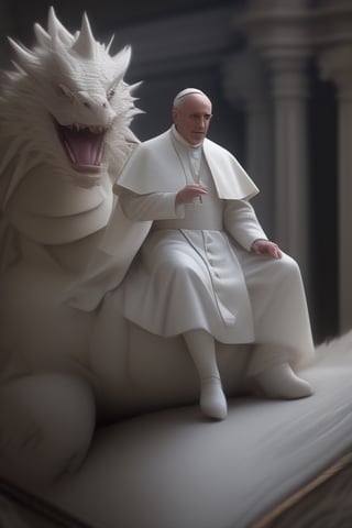 Pope Francis on top of a white dragon,High-res, impeccable composition, lifelike details, perfect proportions, stunning colors, captivating lighting, interesting subjects, creative angle, attractive background, well-timed moment, intentional focus, balanced editing, harmonious colors, contemporary aesthetics, handcrafted with precision, vivid emotions, joyful impact, exceptional quality, powerful message, in Raphael style, unreal engine 5,octane render,isometric,beautiful detailed eyes,super detailed face and eyes and clothes,<lora:659095807385103906:1.0>