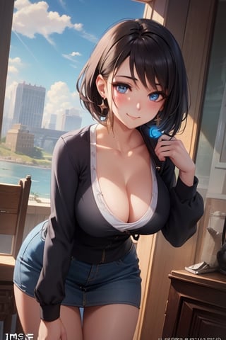 a woman with a headphones on her ears and a clock in the background with a blue sky and clouds, Ayako Rokkaku, official art, a detailed painting, temporary art,1girl, bangs, black hair, blue eyes, blush, breasts, cleavage, closed mouth, collarbone, earphones, earrings, eyebrows visible through hair, hair intakes, jewelry, long sleeves, looking at viewer, big breasts, shirt, short hair, smile, solo,High-res, impeccable composition, lifelike details, perfect proportions, stunning colors, captivating lighting, interesting subjects, creative angle, attractive background, well-timed moment, intentional focus, balanced editing, harmonious colors, contemporary aesthetics, handcrafted with precision, vivid emotions, joyful impact, exceptional quality, powerful message, in Raphael style, unreal engine 5,octane render,isometric,beautiful detailed eyes,super detailed face and eyes and clothes
,More Detail,,detail face,beautiful legs,beautiful face