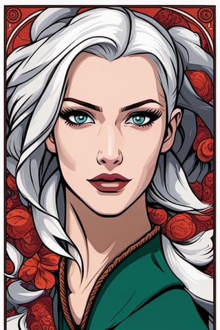 midshot, cel-shading style, centered image, ultra detailed illustration of Cirilla of Cintra, (tetradic colors), inkpunk, ink lines, light particles, strong outlines, art nouveau, art by MSchiffer, bold traces, unframed, high contrast, cel-shaded, vector, art by MSchiffer, 
