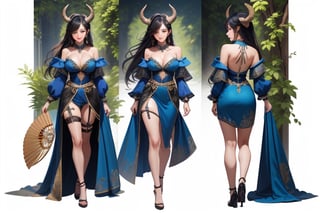 a woman dressed in a blue costume holding a fan and a green leaf in her hand and a white background, Du Qiong, fullbody, concept art, dau-al-set,1girl, bare shoulders, black hair, breasts, cleavage, closed mouth, collarbone, dress, earrings, full body, hand fan, high heels, horns, jewelry, large breasts, long hair, looking at viewer, multicolored hair, nail polish, pelvic curtain, red eyes, smile, solo, standing, thigh strap, v, very long hair,High-res, impeccable composition, lifelike details, perfect proportions, stunning colors, captivating lighting, interesting subjects, creative angle, attractive background, well-timed moment, intentional focus, balanced editing, harmonious colors, contemporary aesthetics, handcrafted with precision, vivid emotions, joyful impact, exceptional quality, powerful message, in Raphael style, unreal engine 5,octane render,isometric,beautiful detailed eyes,super detailed face and eyes and clothes
,More Detail,beautiful legs,beautiful