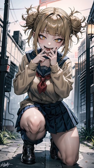 "Generate an image of Toga Himiko from 'My Hero Academia'. Toga Himiko is depicted with her signature appearance: she has blonde hair styled in messy, uneven twin buns with bangs that frame her face. She has sharp, cat-like yellow eyes and a sinister smile with elongated canine teeth. She wears her school uniform, which consists of a beige cardigan with a red tie, a navy blue pleated skirt, and a white sailor-style collar. Over her uniform, she wears a khaki scarf with a mechanical, blood-sucking device attached to it, which includes tubes and canisters. Her knee-high socks and brown loafers complete her outfit.

Toga is striking a characteristic pose: she is crouching slightly with her legs apart, one hand gripping a combat knife while the other hand is raised to her mouth, with her tongue playfully sticking out, giving a mischievous and dangerous expression.

The background is a dark, eerie alleyway at night, lit by flickering streetlights. The setting includes narrow walls covered in graffiti, and a few scattered, ominous shadows hinting at the presence of danger. The overall atmosphere should evoke a sense of thrill and suspense, fitting Toga's chaotic and unpredictable nature."

,highres,HimikoT