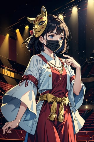 a play, young actress wearing traditional clothings, wears a traditional mask on her face, a performance, on a grand stage, spotlight
