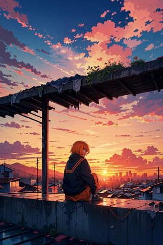 lone young girl sitting on the roof of a broke down house, in the favelas, clothings in bad conditions, sunset, orange sky, beautiful scenery, hopeful