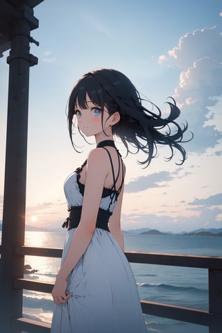 (masterpiece, best quality, highres:1.3), (1girl:1.3), ((solo)), seaside, white sundress, girl in the distant, looking back at camera, far shot, joyful, dreamlike, memories, beautiful