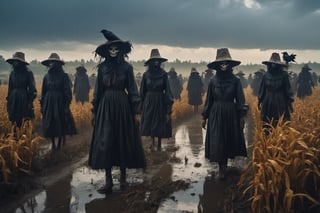 4k, UHD, HDR, (Masterpiece:1.5), (best quality:1.5), ultra detailed, cinematic photo, natural light, detailed reflection light, dark fantasy art, ((horror and dramatic)), bronze age, many scarecrows girls, many crows on sky, heavy rain, many scarecrows girls on ruin farm field as background