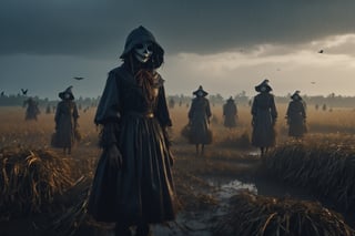 4k, UHD, HDR, (Masterpiece:1.5), (best quality:1.5), ultra detailed, cinematic photo, natural light, detailed reflection light, dark fantasy art, ((horror and dramatic)), bronze age, many scarecrows girls, many crows on sky, heavy rain, many scarecrows girls on ruin farm field as background