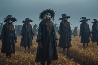 4k, UHD, HDR, (Masterpiece:1.5), (best quality:1.5), ultra detailed, cinematic photo, natural light, detailed reflection light, dark fantasy art, ((horror and dramatic)), bronze age, many scarecrows girls, many crows on sky, heavy rain, many scarecrows girls on ruin farm field as background