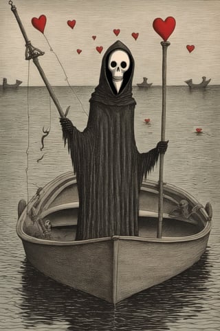 Edward Gorey Style - Edward Gorey Very creepy 8K Grim reaper fishing for hearts on a boat