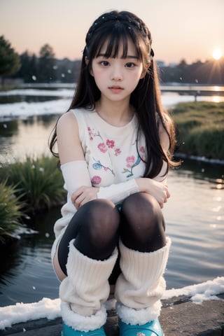 主：(((Outdoors by the creek at sunset))),
人：1 korean little girl,Pure and restrained little girl,(((little girl of elementary school age))),A little girl of primary school age,(((Adorable toddler))),
優：(masterpiece, highest quality, extreme detailed, best quality, official art, beautiful and aesthetic:1.2), extreme detailed,(Dream by WOMBO art:1.3),colorful,highest detailed,(Top beauty in pictorial shooting),
體：(little girl's body), (beautiful body proportions),(little girl's body), (little girl's figure),The most beautiful body proportions,
髮：(bangs),(long hair),
服：(((Low-cut collarless and sleeveless sweater with floral pattern))), ((lace sleeves)),(((Sheer sleeveless sweater))),(((black compression tights))),(((snow boots))),