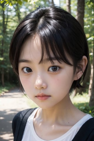 主：(((Deep in the woods))),(looking at the audience),(focus on face),(((Only the face enters the camera))), (Focus on the face),
人：(((a korean little girl:1.3))),Pure and restrained little girl,(((little girl of elementary school age))),(low cut),(childish breasts),
髮：(bangs),(((very short handsome short hair:1.4))),The length of short hair is above the ears,