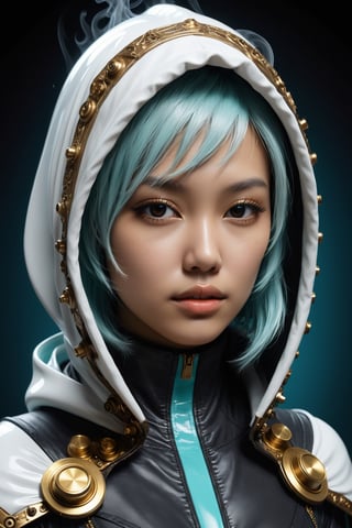 HONG KONG Girl ((September Ai)) with brown colour skin, AQUA short messy hair, 

beautiful girl,that is heavily exaggerated beyond human form,(( white and gold plug suit, black smoke in plug suit)), (white, gold hooded cloak of leather material), (fractal art:1.2), frosty lips, icy eyeshadow, juicy lips, Long Eyelashes, Hourglass body, intricate, sharpened, highest resolution, best quality, highest quality, extremely detailed CG unity 8k wallpaper, detailed and intricate, ,steampunk style,Glass Elements
