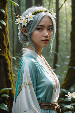 HONG KONG Girl ((September Ai)) with brown colour skin, AQUA short messy hair, 

(4k), (masterpiece), (best quality),(extremely intricate), (realistic), (sharp focus), (cinematic lighting), (extremely detailed), A young beautiful high elf archer girl posing with back turned to the viewer. She is in a secluded enchanted forest and is wearing white elven silk robe. ,flower4rmor, see-through ,flowers in hair, Flower, flower white silk robe ,DonM4lbum1n ,DonMChr0m4t3rr4 ,LODBG,no_humans,glyphtech
