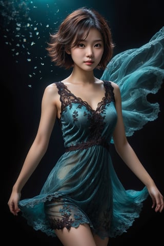 HONG KONG Girl ((September Ai)) with brown colour skin, AQUA short messy hair, 

(best quality, highres, masterpiece:1.2), ultra-detailed, realistic:1.37, HDR, velvet black lace dress, graceful floating, mesmerizingly ethereal, delicate movement, ethereal lighting, enchanting atmosphere, portrait, professional, vivid colors, soft focus, elegant beauty, dark background
