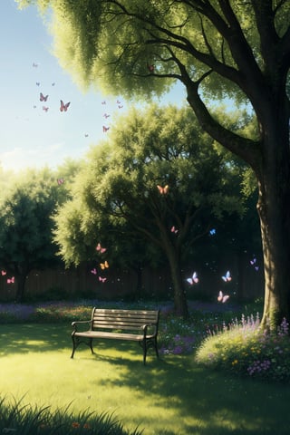 Masterpiece, high quality, high details, wallpaper, beautiful garden, various kinds of flowers, large willow, fantasy glowing butterflies, multicolor butterflies, fireflies, beautifus trees, one bench under a tree, full background, fantasy, landscape, sunlight, beautiful, dutch angle, outdoors, nature, sharp focus, shadow, volumetric lighting, day, fantastic, mysterious