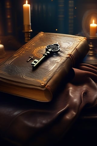 fantasy, large book with gold and leather, closed its cover is a keyhole, an ancient silver key rests on it, it is held by two knight's hands with brown leather gloves, all wrapped in a translucent smoke golden lights that create magical atmosphere