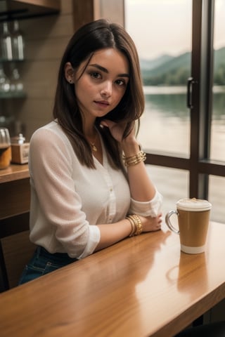 girl with dark hair, straight, thin, and with a soft smile, sitting at a bar table, there is coffee and a slice of cake on her table, the tableware has golden edges, the spoon is silver, there is a window that overlooks the lake. mid-afternoon, her left elbow resting on the table, her arm and hand resting relaxed on the table, she has a gold bracelet with a heart charm, her blouse is blue.
