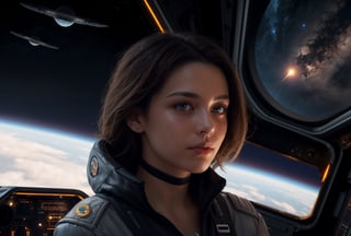 A pilot with sun-kissed skin and flowing brown hair, her hazel eyes reflecting the flickering lights of the control panel. A freckle-dusted nose crinkles in concentration as she navigates her sleek spaceship through a treacherous asteroid field, the vastness of space stretching beyond the viewport.
 
