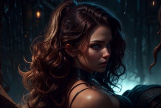 amoled ultra realistic hd photo of a female viking warrior, RAW,

extra long wavy brown hair cinematic light reflections, vampiric eyes, expressive face, tanned dark skin,

medieval background, dark, mysterious, tentacles, raining,

dynamic camera angle from above, from back,

(PnMakeEnh), Enhance,

artwork by sweetroll