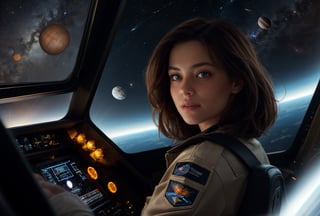 A pilot with sun-kissed skin and flowing brown hair, her hazel eyes reflecting the flickering lights of the control panel. A freckle-dusted nose crinkles in concentration as she navigates her sleek spaceship through a treacherous asteroid field, the vastness of space stretching beyond the viewport.
 
