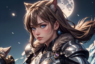 1girl, warrior in a steel armor with fur adornments. cat, moonlight, light brown hairs, ice blue eyes, capture this image with a high resolution photograph using an 85mm lens for a flattering perspective, artwork by sweetroll,