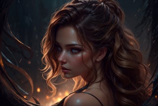 amoled ultra realistic hd photo of a female viking warrior, RAW,

extra long wavy brown hair cinematic light reflections, vampiric eyes, expressive face, tanned beige skin,

medieval background, dark, mysterious, tentacles, raining,

dynamic camera angle from above, from back,

(PnMakeEnh), Enhance,

artwork by sweetroll