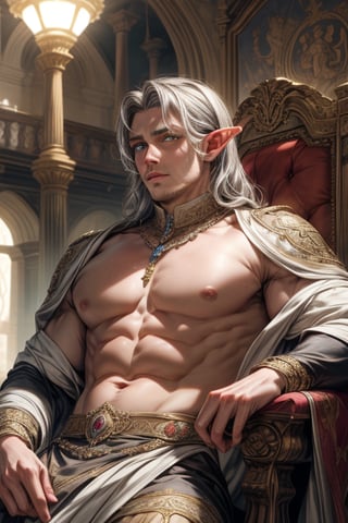 A majestic high elf prince sits regally on a velvet-draped throne within an ancient castle's grand great hall, bathed in soft, golden lighting that casts a flattering glow on his porcelain-liked skin. His chiseled physique boasts broad shoulders and a strong jawline, featuring beautiful yellow light perfect eyes that sparkle beneath perfectly arched eyebrows. Luscious silver-tipped locks cascade down his back like a river of moonlight, expertly styled to showcase his majestic visage. A hint of chest hair peeks from the ornate, gemstone-embellished tunic's opening, adding to his commanding presence as he sits confidently amidst the grandeur of the ancient castle's high ceilings, ornate tapestries, and polished stone floors.