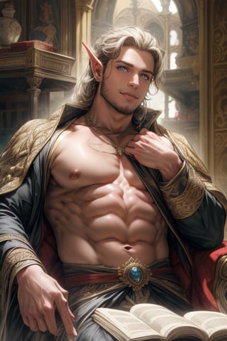 Majestic portrait of a ravishing high elf prince in his 30's. He sits regally on a velvet-draped throne within the grandeur of an ancient castle's great hall. The noble subject boasts a chiseled physique, with broad shoulders and a strong jawline. His piercing golden eyes sparkle beneath perfectly arched eyebrows. Luscious silver-tipped locks cascade down his back like a river of moonlight, expertly styled to showcase his majestic visage. A hint of chest hair peeks from the opening of his ornate, gemstone-embellished tunic, adding to his commanding presence. The soft, golden lighting casts a flattering glow on his porcelain-like skin, accentuating the perfect definition of his facial features and the sharp contours of his chiseled physique.
