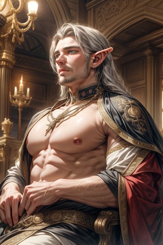 A majestic high elf prince sits regally on a velvet-draped throne within an ancient castle's grand great hall, bathed in soft, golden lighting that casts a flattering glow on his porcelain-liked skin. His chiseled physique boasts broad shoulders and a strong jawline, featuring beautiful yellow light perfect eyes that sparkle beneath perfectly arched eyebrows. Luscious silver-tipped locks cascade down his back like a river of moonlight, expertly styled to showcase his majestic visage. A hint of chest hair peeks from the ornate, gemstone-embellished tunic's opening, adding to his commanding presence as he sits confidently amidst the grandeur of the ancient castle's high ceilings, ornate tapestries, and polished stone floors.