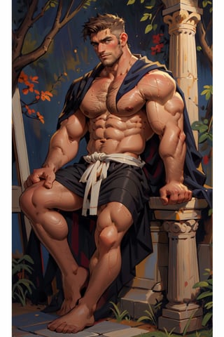 high detailed oil on canvas painting portrait of a sexy greek handsome man in his 30's hunk herculean godlike wearing toga resting artistic position, he is showing his abs and chest shirtless he is hairy ancient Greek background very artistic full body full frontal shirtless showing his chest and abs naked old oil on canvas style,handsome men