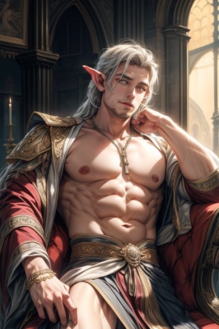 A majestic high elf prince sits regally on a velvet-draped throne within an ancient castle's grand great hall. He boasts a chiseled physique with broad shoulders and a strong jawline, featuring beautiful yellow light perfect eyes that sparkle beneath perfectly arched eyebrows. Luscious silver-tipped locks cascade down his back like a river of moonlight, expertly styled to showcase his majestic visage. A hint of chest hair peeks from the ornate, gemstone-embellished tunic's opening, adding to his commanding presence. Soft, golden lighting casts a flattering glow on his porcelain-like skin, accentuating the perfect definition of his facial features and the sharp contours of his chiseled physique as he sits confidently amidst the grandeur of the ancient castle.