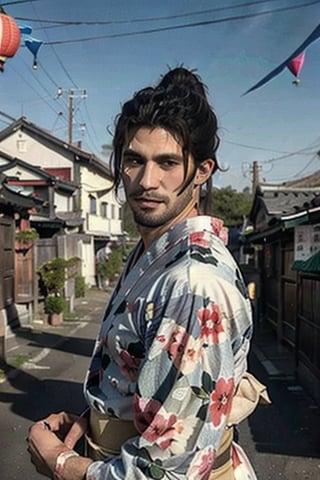 Highly detailed, High Quality, Masterpiece, beautiful, sole_male, 1boy, solo, male_focus, manly, Jetstream Sam, Half body portrait, facial hair, beard, vertical scar on face, european face, brazilian face, high ponytail, beautiful photography, professional photography, interesting pose, unusual head tilt, traditional japanese background, male yukata, red_yukata, haori, gaze away, movie screenshot, volumetric light, gorgeous light, colorful paper kites and japanese paper lanterns around