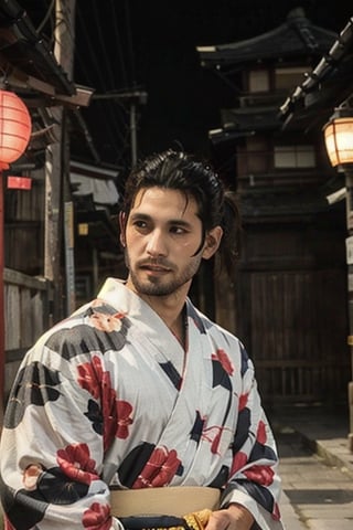 Highly detailed, High Quality, Masterpiece, beautiful, sole_male, 1boy, solo, male_focus, manly, Jetstream Sam, Half body portrait, facial hair, beard, vertical scar on face, european face, brazilian face, high ponytail, beautiful photography, professional photography, interesting pose, unusual head tilt, traditional japanese background, male yukata, red_yukata, haori, gaze away, movie screenshot, volumetric light, gorgeous light, colorful paper kites and japanese paper lanterns around