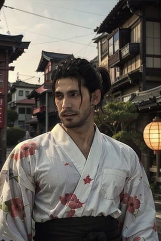 Highly detailed, High Quality, Masterpiece, beautiful, sole_male, 1boy, solo, male_focus, manly, Jetstream Sam, Half body portrait, facial hair, beard, vertical scar on face, european face, brazilian face, high ponytail, beautiful photography, professional photography, interesting pose, unusual head tilt, traditional japanese background, male yukata, red_yukata, haori, gaze away, movie screenshot, volumetric light, gorgeous light, colorful paper kites and japanese paper lanterns around