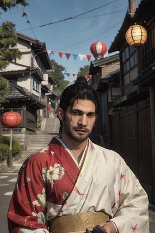 Highly detailed, High Quality, Masterpiece, beautiful, sole_male, 1boy, solo, male_focus, manly, Jetstream Sam, Half body portrait, facial hair, beard, vertical scar on face, european face, brazilian face, high ponytail, beautiful photography, professional photography, interesting pose, unusual head tilt, traditional japanese background, male yukata, red_yukata, haori, gaze away, videogame screenshot, volumetric light, gorgeous light, colorful paper kites and japanese paper lanterns around