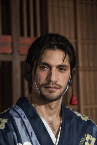 Highly detailed, High Quality, Masterpiece, beautiful, sole_male, 1boy, solo, Jetstream Sam, Half body portrait, facial hair, beard, vertical scar on face, european face, brazilian face, beautiful photography, stage photography, interesting pose, unusual head tilt, traditional japanese background, yukata, furisode, red_yukata, haori