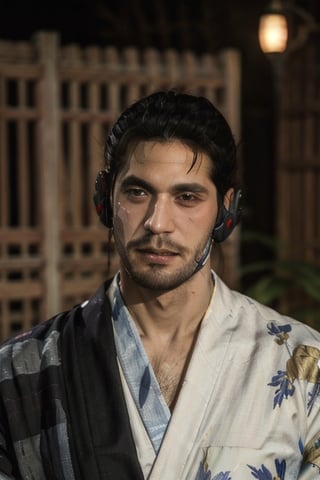 Highly detailed, High Quality, Masterpiece, beautiful, sole_male, 1boy, solo, male_focus, manly, Jetstream Sam, Half body portrait, facial hair, beard, vertical scar on face, european face, brazilian face, beautiful photography, stage photography, interesting pose, unusual head tilt, traditional japanese background, yukata, furisode, red_yukata, haori, gaze somewhere