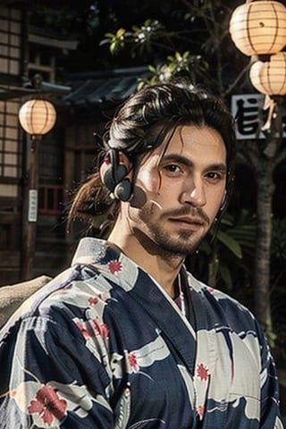 Highly detailed, High Quality, Masterpiece, beautiful, sole_male, 1boy, solo, male_focus, manly, Jetstream Sam, Half body portrait, facial hair, beard, vertical scar on face, european face, brazilian face, high ponytail, beautiful photography, professional photography, interesting pose, unusual head tilt, traditional japanese background, male yukata, red_yukata, haori, gaze away, movie screenshot, volumetric light, gorgeous light, colorful paper kites and japanese paper lanterns around