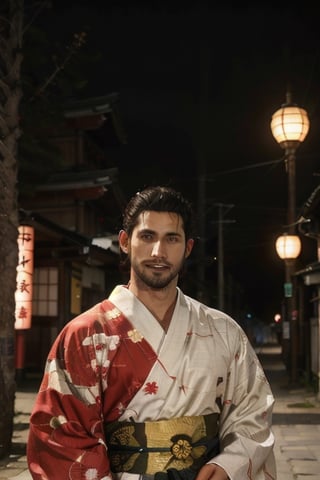 Highly detailed, High Quality, Masterpiece, beautiful, sole_male, 1boy, solo, male_focus, manly, Jetstream Sam, Half body portrait, facial hair, beard, vertical scar on face, european face, brazilian face, beautiful photography, stage photography, interesting pose, unusual head tilt, traditional japanese background, male yukata, red_yukata, haori, gaze somewhere, videogame screenshot, volumetric light, gorgeous light, colorful kites and japanese lanterns around