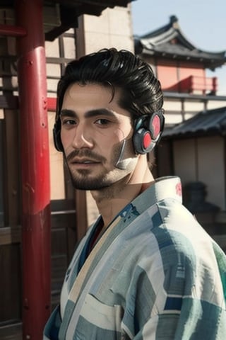 Highly detailed, High Quality, Masterpiece, beautiful, sole_male, 1boy, solo, Jetstream Sam, Half body portrait, facial hair, beard, vertical scar on face, european face, brazilian face, beautiful photography, stage photography, interesting pose, unusual head tilt, traditional japanese background, yukata, furisode, red_yukata, haori