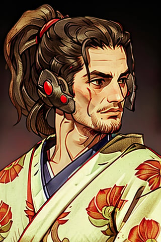 Jetstream Sam stands solo, his manly features illuminated by soft, warm lighting of surrounding chinese paper lanterns. His European-brazilian face is framed by a high ponytail and adorned with a vertical scar above his lip, hinting at a story untold. A subtle stubble accentuates his jawline as he wears a thoughtful look, his gaze slightly downwards. The golden kimono and haori wrap around him like a shroud, fully covering his ears in the process. Against a traditional background, Sam smiles warmly with confidence, his beauty radiating in this masterpiece portrait.