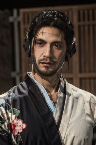 Highly detailed, High Quality, Masterpiece, beautiful, sole_male, 1boy, solo, male_focus, manly, Jetstream Sam, Half body portrait, facial hair, beard, vertical scar on face, european face, brazilian face, beautiful photography, stage photography, interesting pose, unusual head tilt, traditional japanese background, yukata, furisode, red_yukata, haori, gaze somewhere