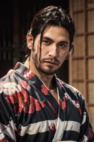 Highly detailed, High Quality, Masterpiece, beautiful, sole_male, 1boy, solo, male_focus, manly, Jetstream Sam, Half body portrait, facial hair, beard, vertical scar on face, european face, brazilian face, beautiful photography, stage photography, interesting pose, unusual head tilt, traditional japanese background, male yukata, furisode, red_yukata, haori, gaze somewhere